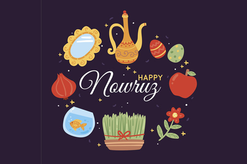 وکتور رایگان  EPS و Ai لایه باز طرح گرافیکی و کارتونی سفره هفت سین شامل آینه و سبزه و تخم مرغ رنگی و شمع و ماهی و سیب و سرکه و گل ویژه عید نوروز 